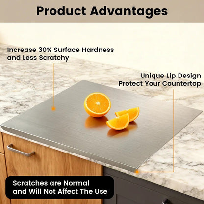Pomence™ Stainless Steel Chopping Board. Lipped edge hooked over a countertop, around 30 percent more surface hardness