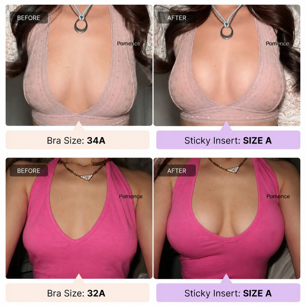 Pomence™ Instant Volume Sticky Bra Inserts. Before and after wearing a Pomence sticky bra insert under a top