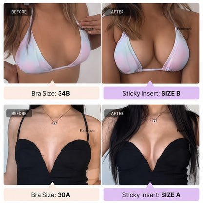 Pomence™ Instant Volume Sticky Bra Inserts. Before and after wearing a Pomence sticky bra insert in a strapless outfit