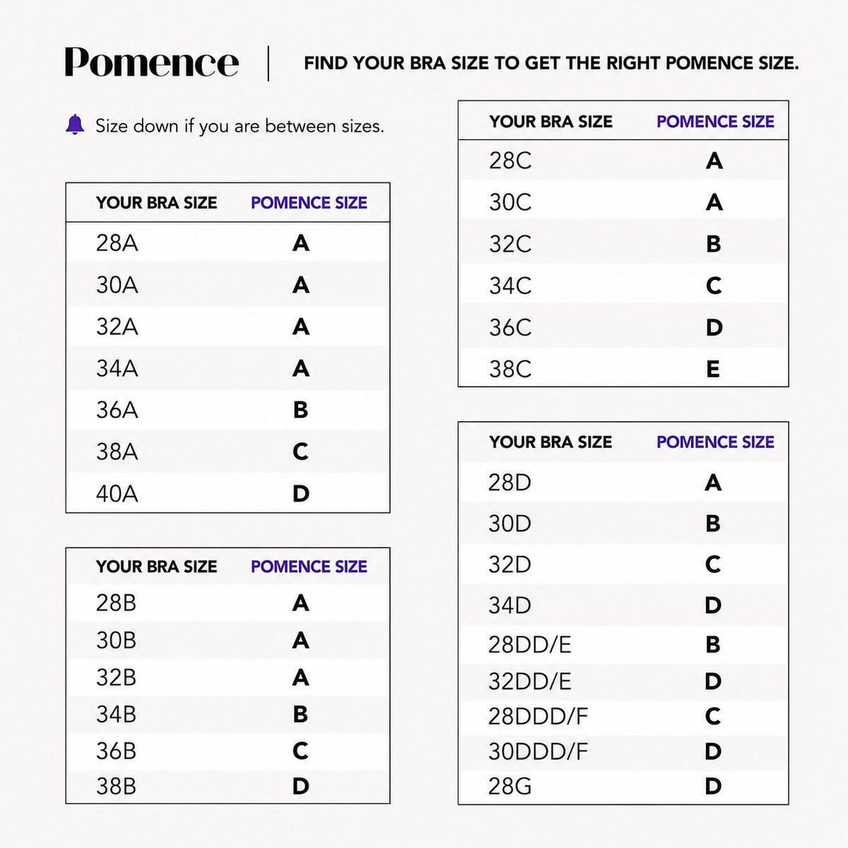 Pomence™ Instant Volume Sticky Bra Inserts. Size chart: match your bra size to your Pomence insert size