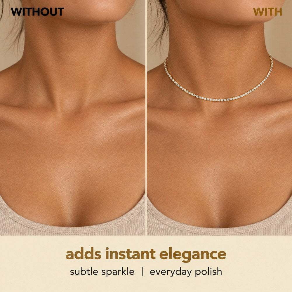 A bare neckline beside the same neckline wearing the Pomence Tennis Necklace