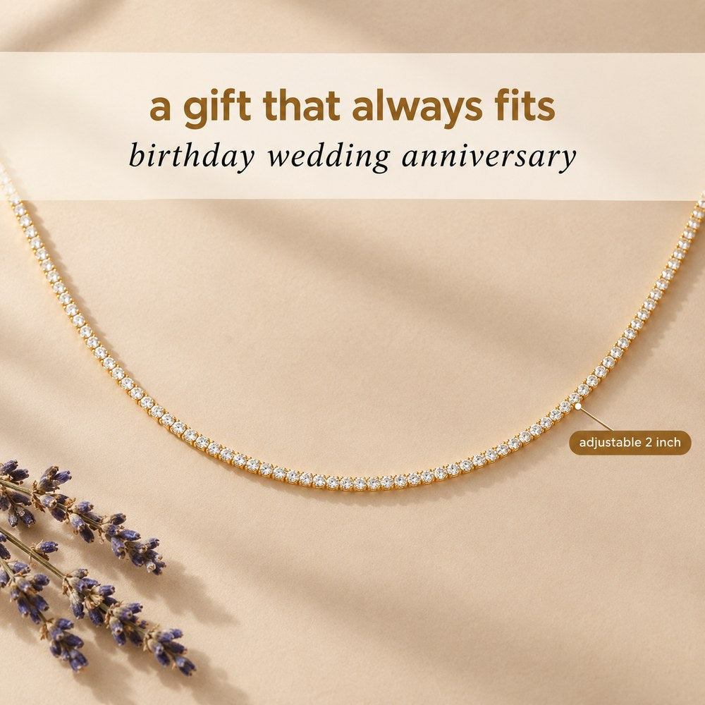 The Pomence Tennis Necklace arranged in a gentle curve beside dried lavender, a gift for a birthday, wedding or anniversary