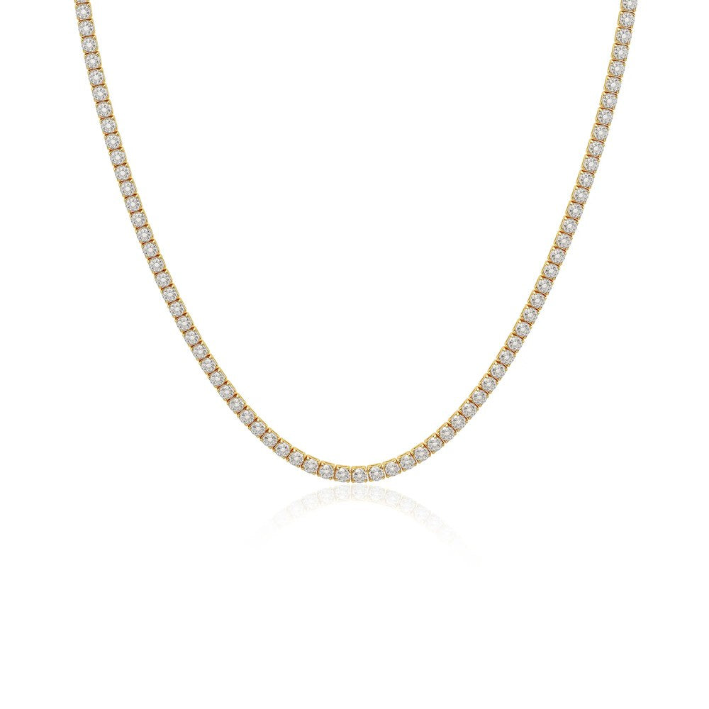 The Pomence Tennis Necklace alone on a plain ground, gold plated finish, lobster clasp and extender visible