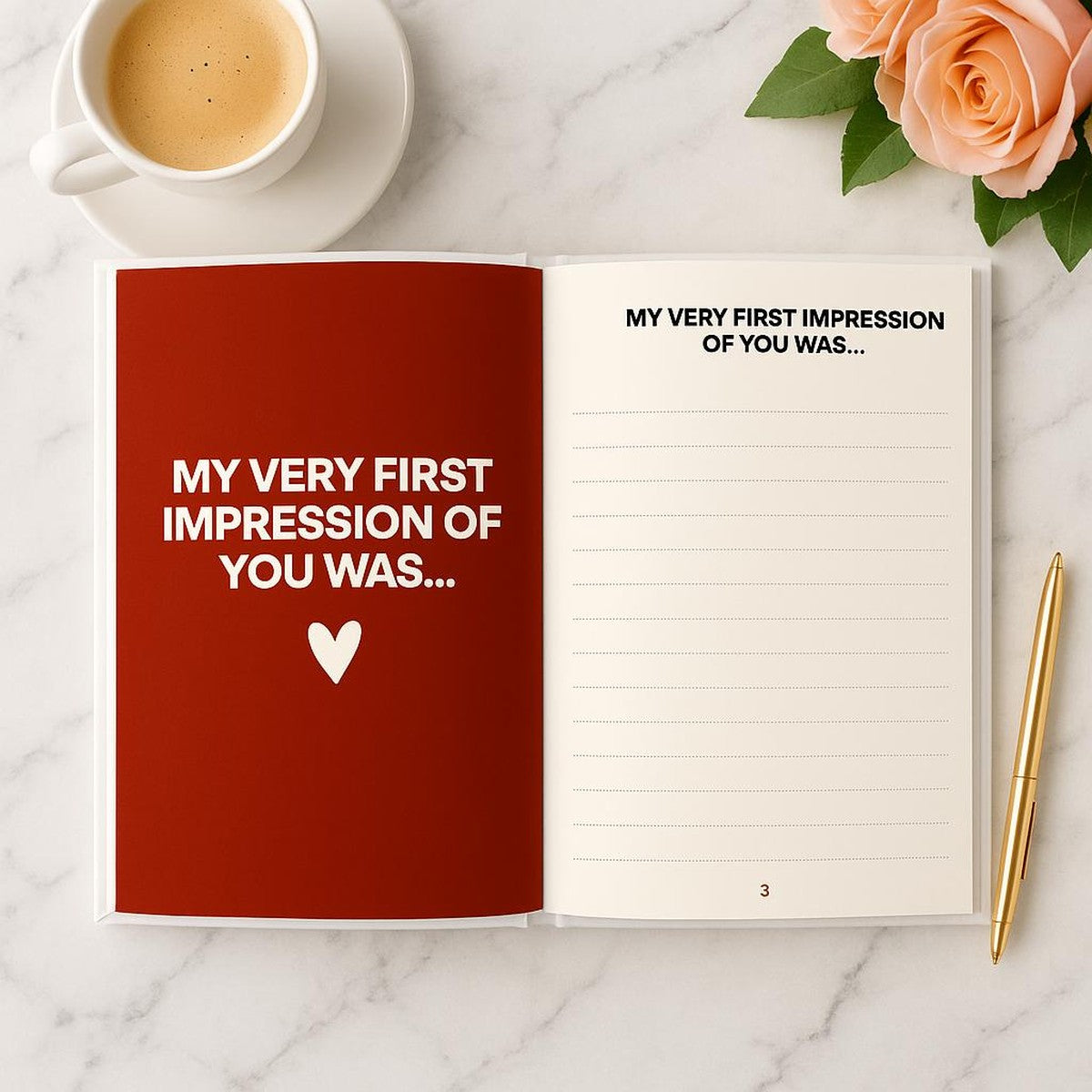 Inside the Pomence journal: a red prompt page reading My very first impression of you was, facing a lined page