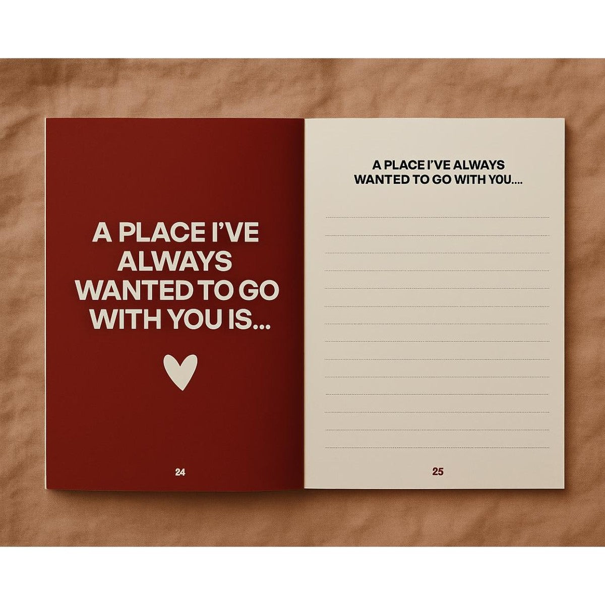 A red prompt page reading A place I have always wanted to go with you is, facing a lined answer page
