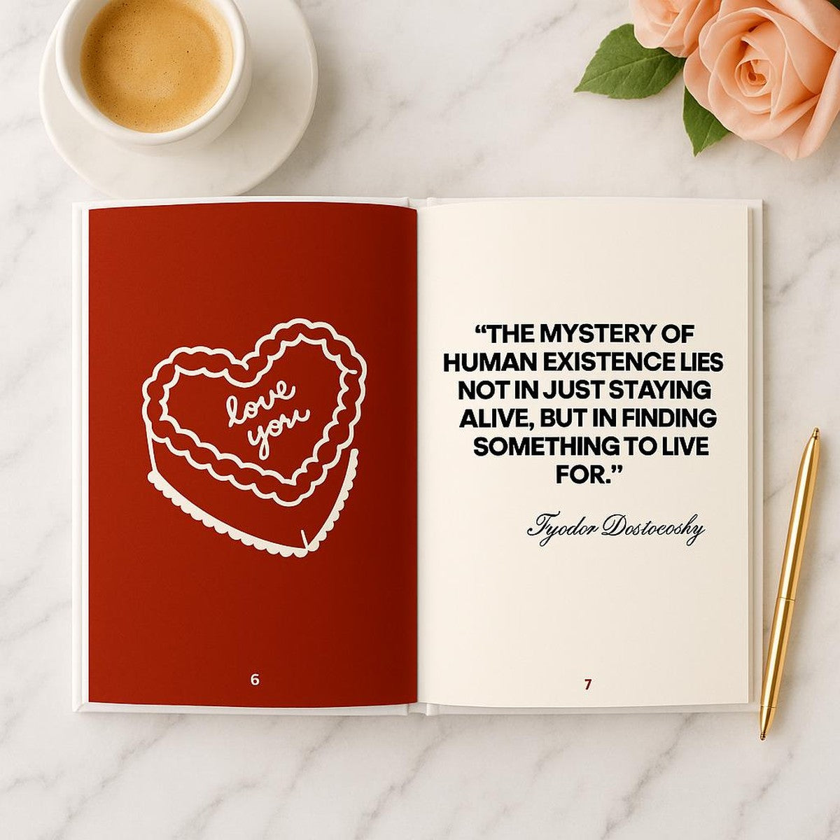 A love quote page facing a red page with a heart cake drawing that says love you