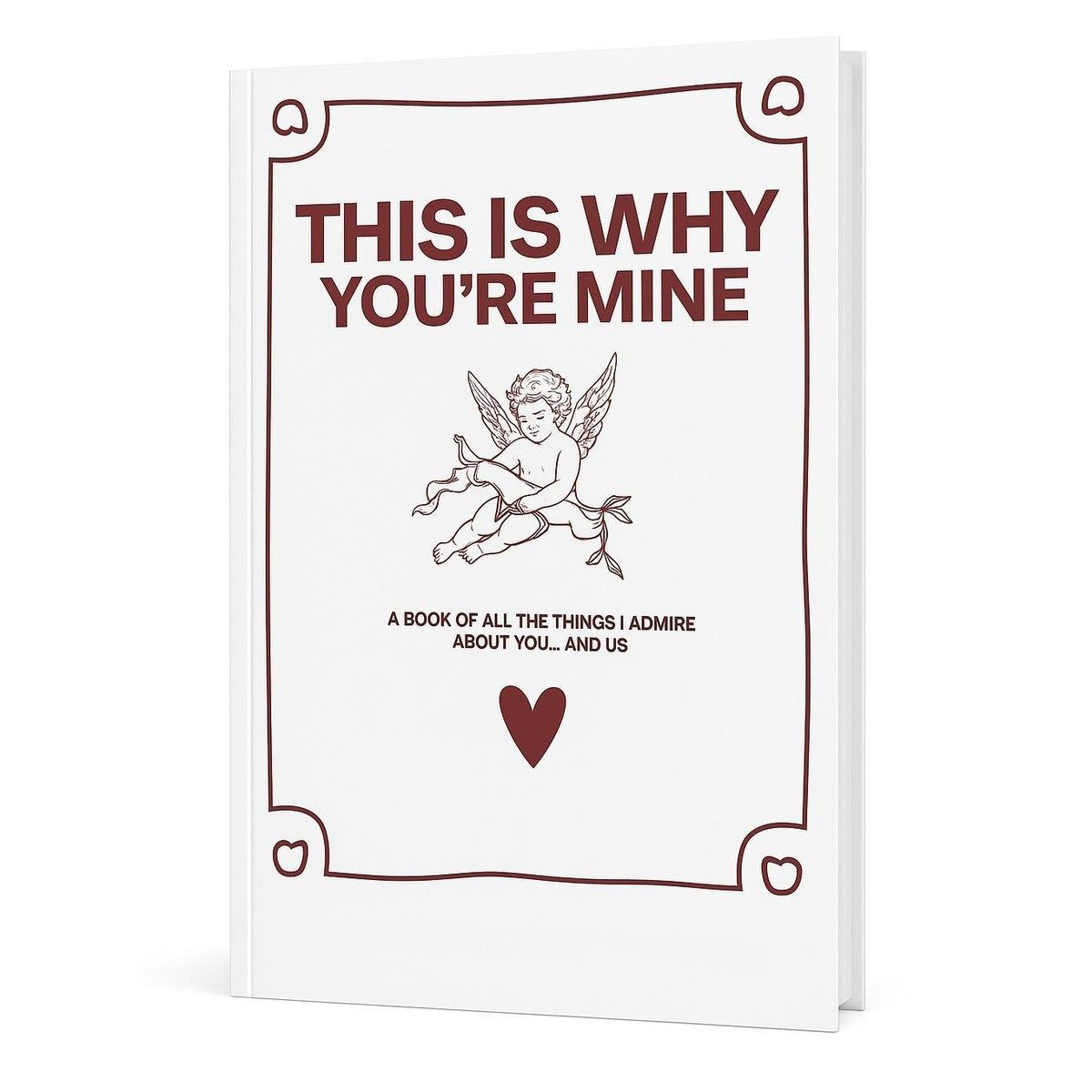 The Pomence couples guided journal, white cover with a maroon frame, a cupid drawing and a red heart