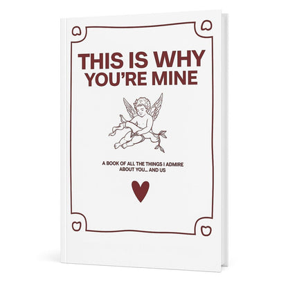 The Pomence couples guided journal, white cover with a maroon frame, a cupid drawing and a red heart