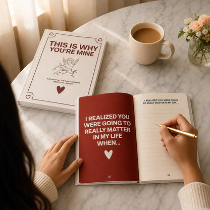 The open Pomence journal on a table with a gold pen and a cup of tea, hands writing in it