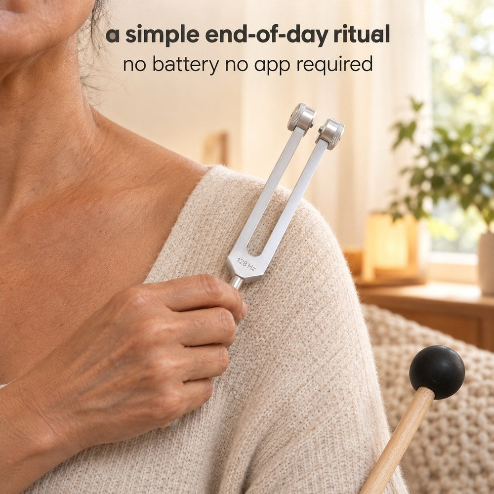 The Pomence 128 Hz Weighted Tuning Fork pressed stem first against a shoulder at home