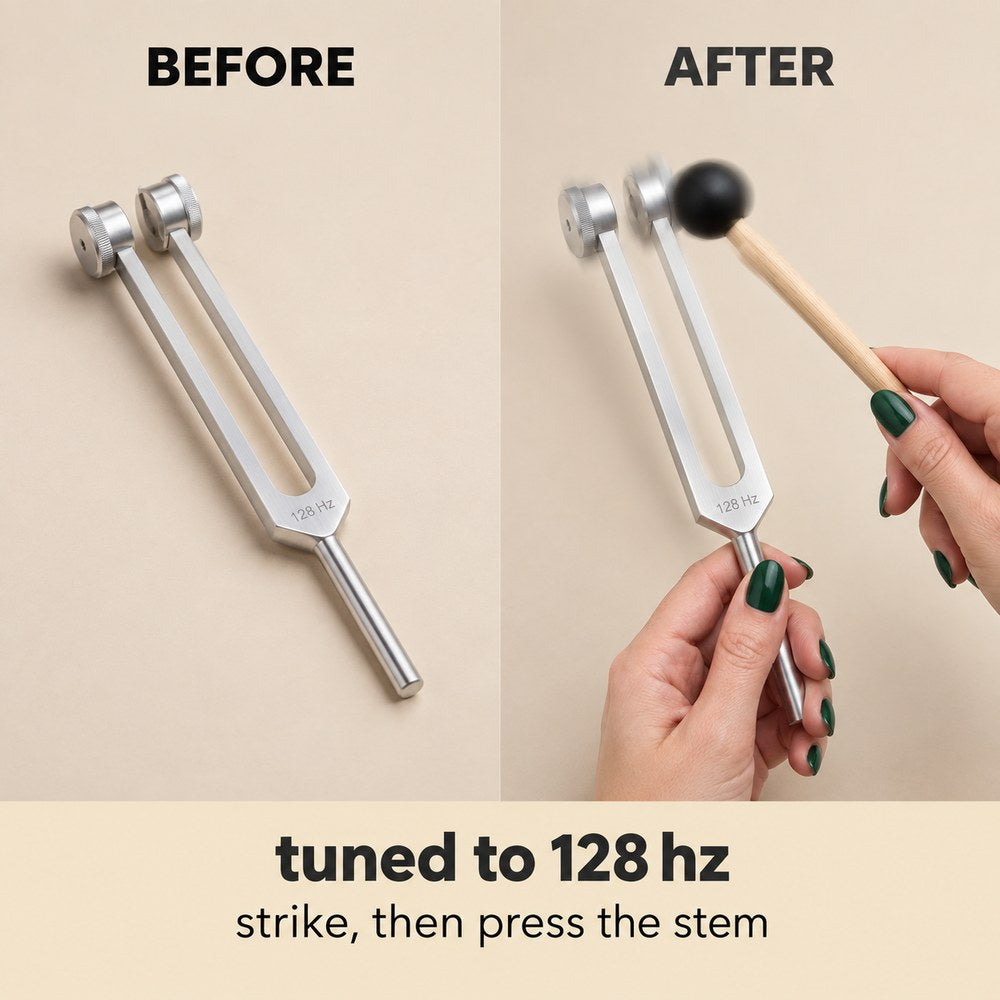 The Pomence 128 Hz Weighted Tuning Fork shown at rest and again the moment it is struck with the mallet