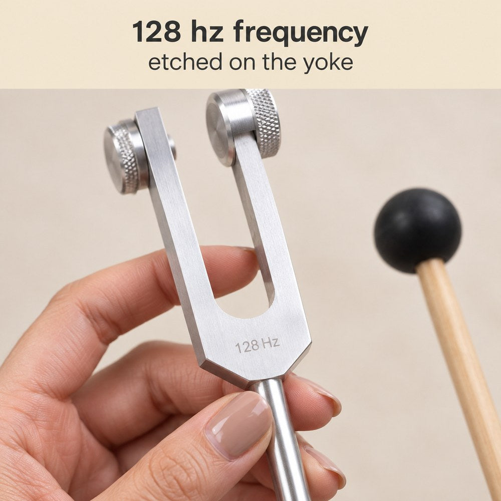 Close view of the 128 Hz mark etched on the flat yoke of the Pomence Weighted Tuning Fork