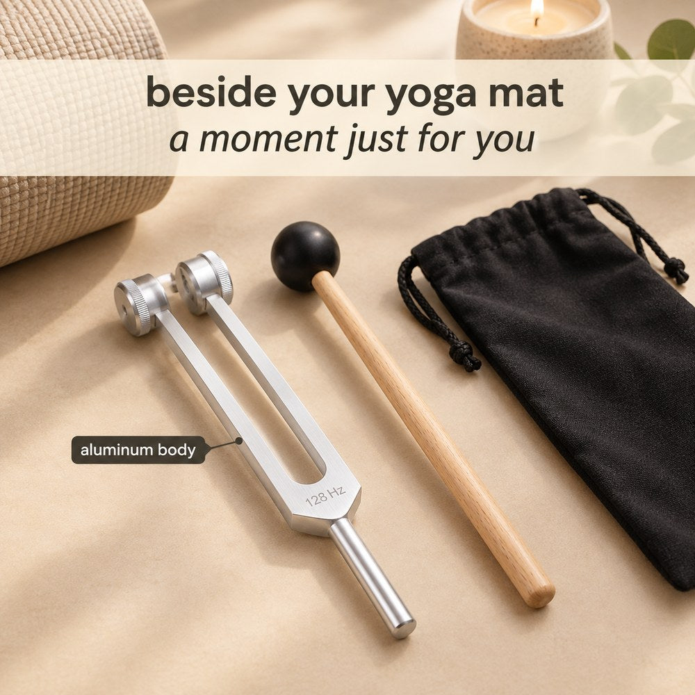 The Pomence 128 Hz Weighted Tuning Fork, its wooden mallet and its plain black pouch beside a rolled yoga mat