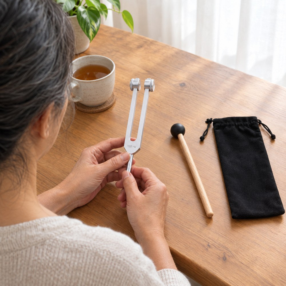 Everything in the box: the Pomence 128 Hz Weighted Tuning Fork, the wooden mallet and the plain black drawstring pouch on a wood table