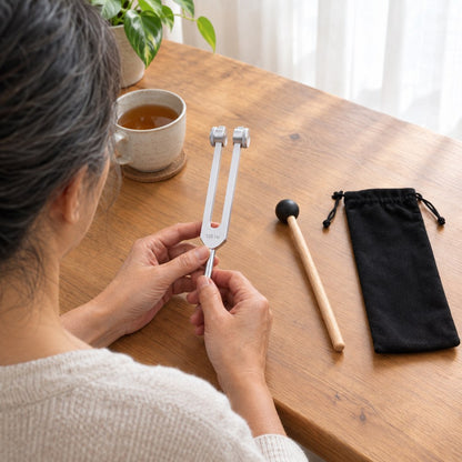 Everything in the box: the Pomence 128 Hz Weighted Tuning Fork, the wooden mallet and the plain black drawstring pouch on a wood table