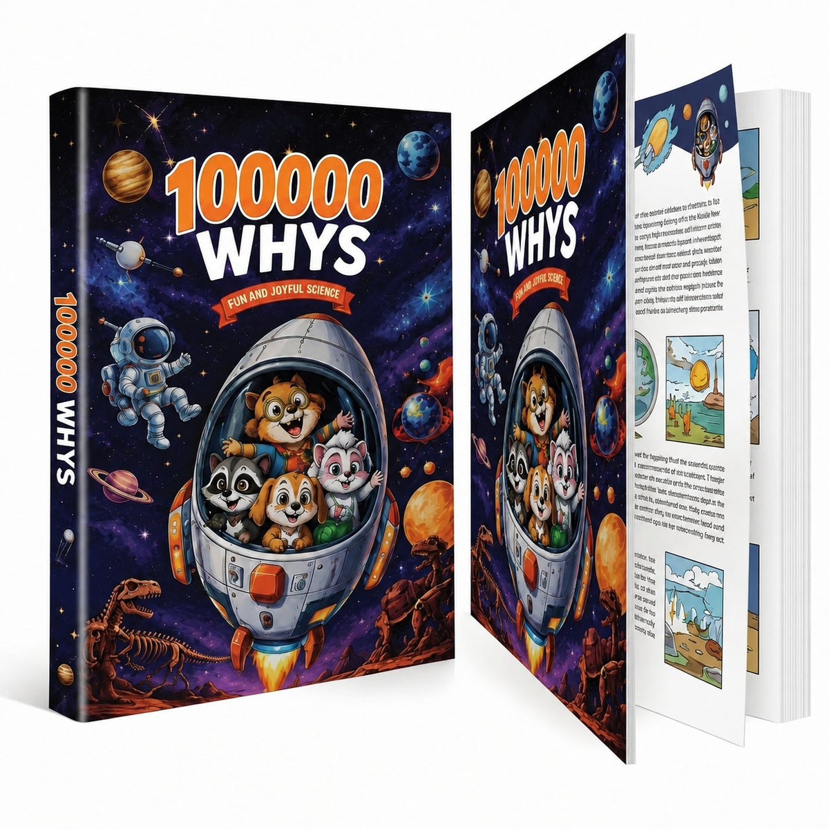 Pomence Ultimate Encyclopedia of Whys hardcover book, front cover, spine and an inside page
