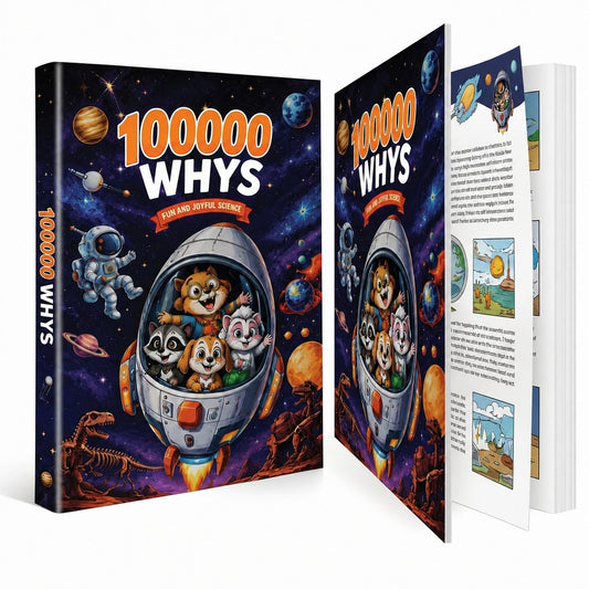 Pomence Ultimate Encyclopedia of Whys hardcover book, front cover, spine and an inside page