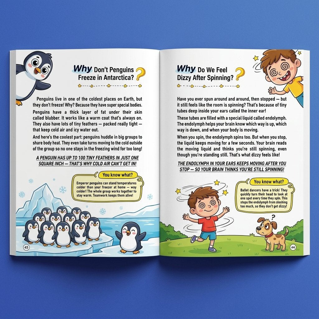 Two illustrated pages inside the Pomence Ultimate Encyclopedia of Whys, showing penguin and inner-ear illustrations