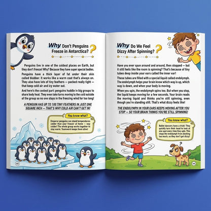 Two illustrated pages inside the Pomence Ultimate Encyclopedia of Whys, showing penguin and inner-ear illustrations
