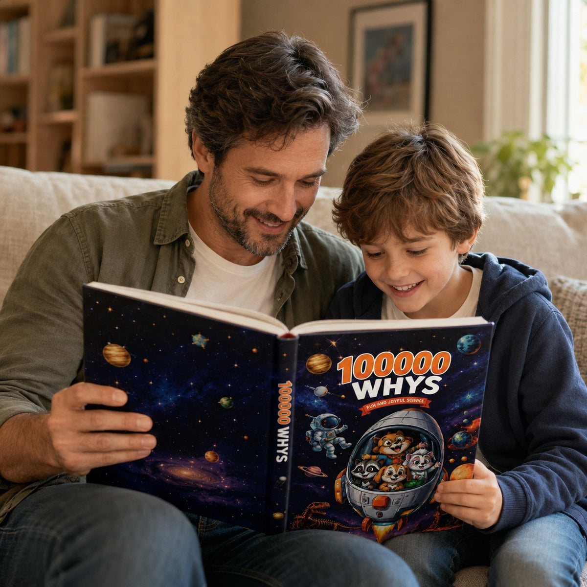 A parent and child reading the Pomence Ultimate Encyclopedia of Whys together on the couch