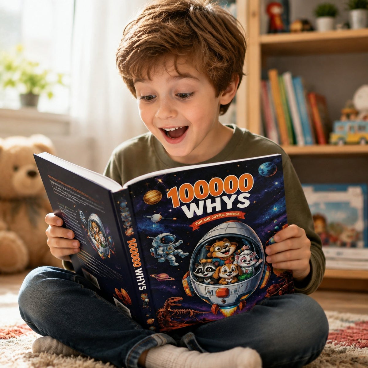 A child excitedly reading an illustrated page of the Pomence Ultimate Encyclopedia of Whys