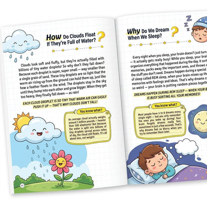 Close-up of an illustrated page and a bonus fact bubble inside the Pomence Ultimate Encyclopedia of Whys