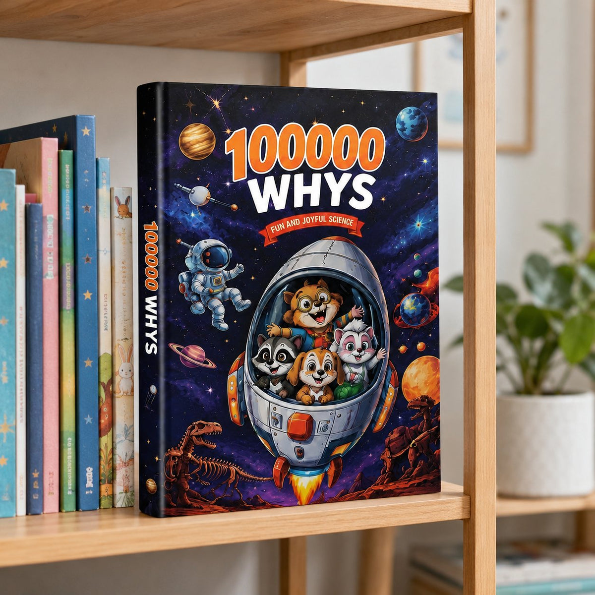The Pomence Ultimate Encyclopedia of Whys standing on a bookshelf among other children's books