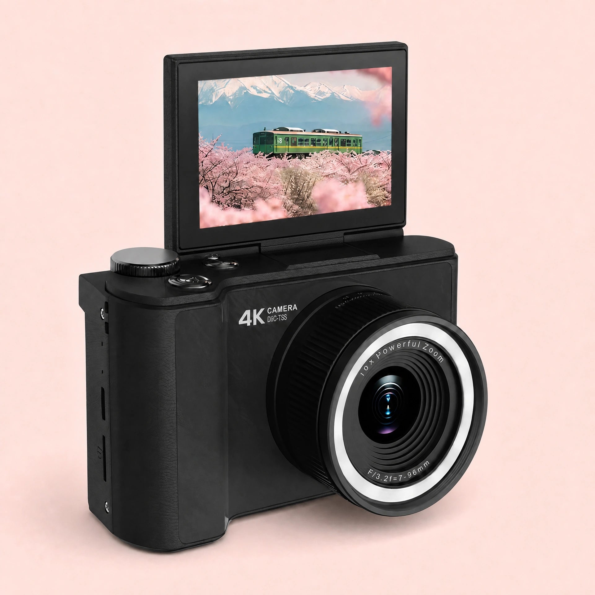 Pomence portable digital vlogging camera with its 180 degree screen flipped up to face the creator
