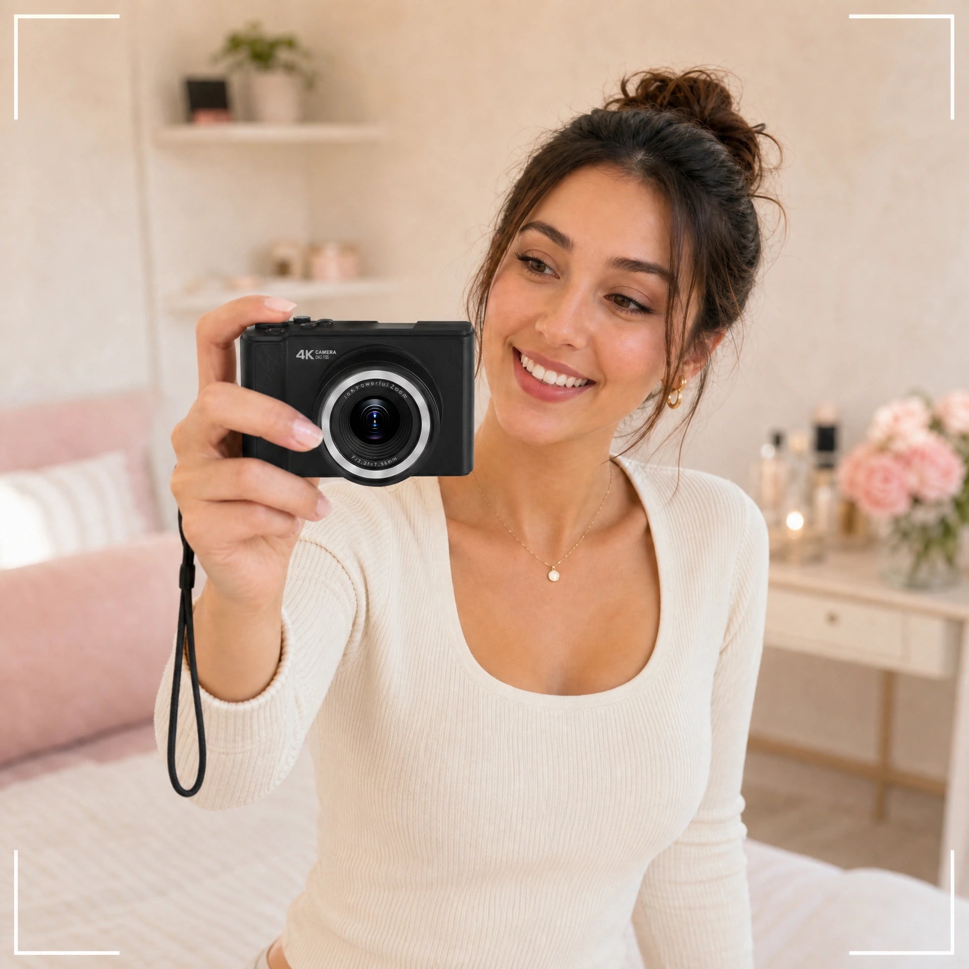 Pomence vlogging camera framed inside selfie composition brackets on a blush background