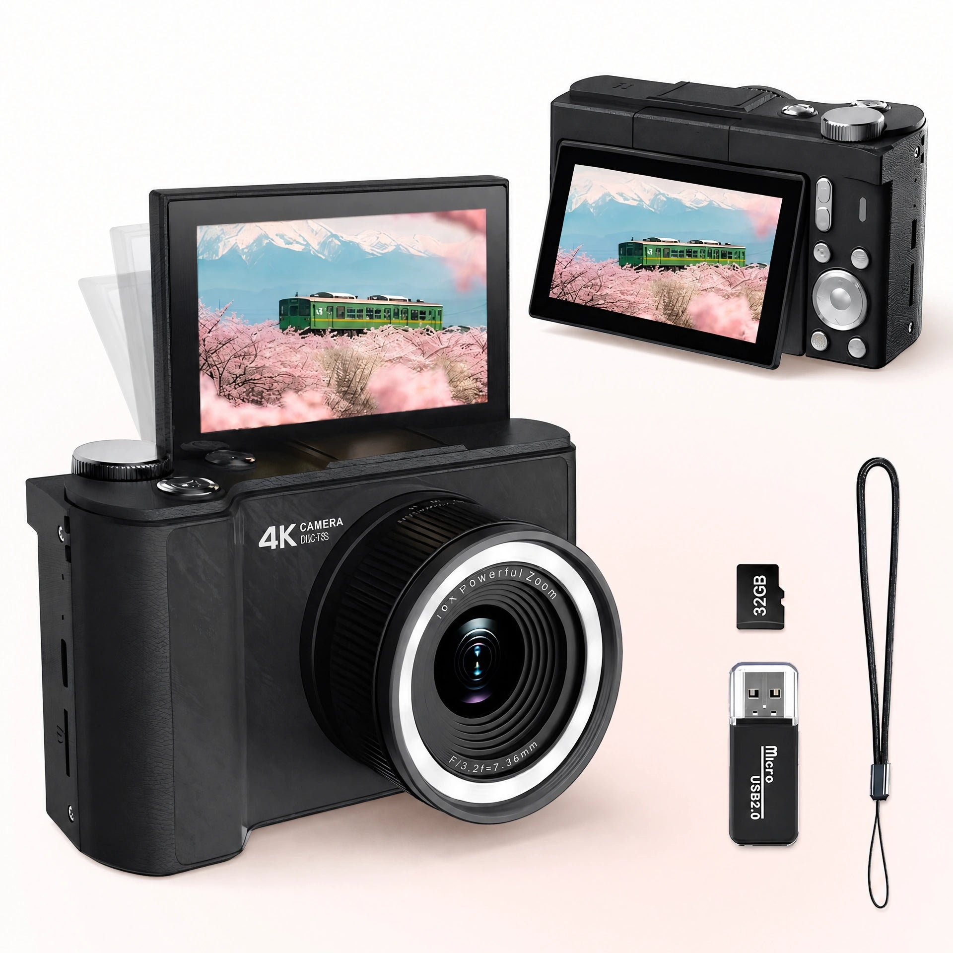 Pomence portable digital vlogging camera shown with 32GB microSD card, USB card reader and wrist strap