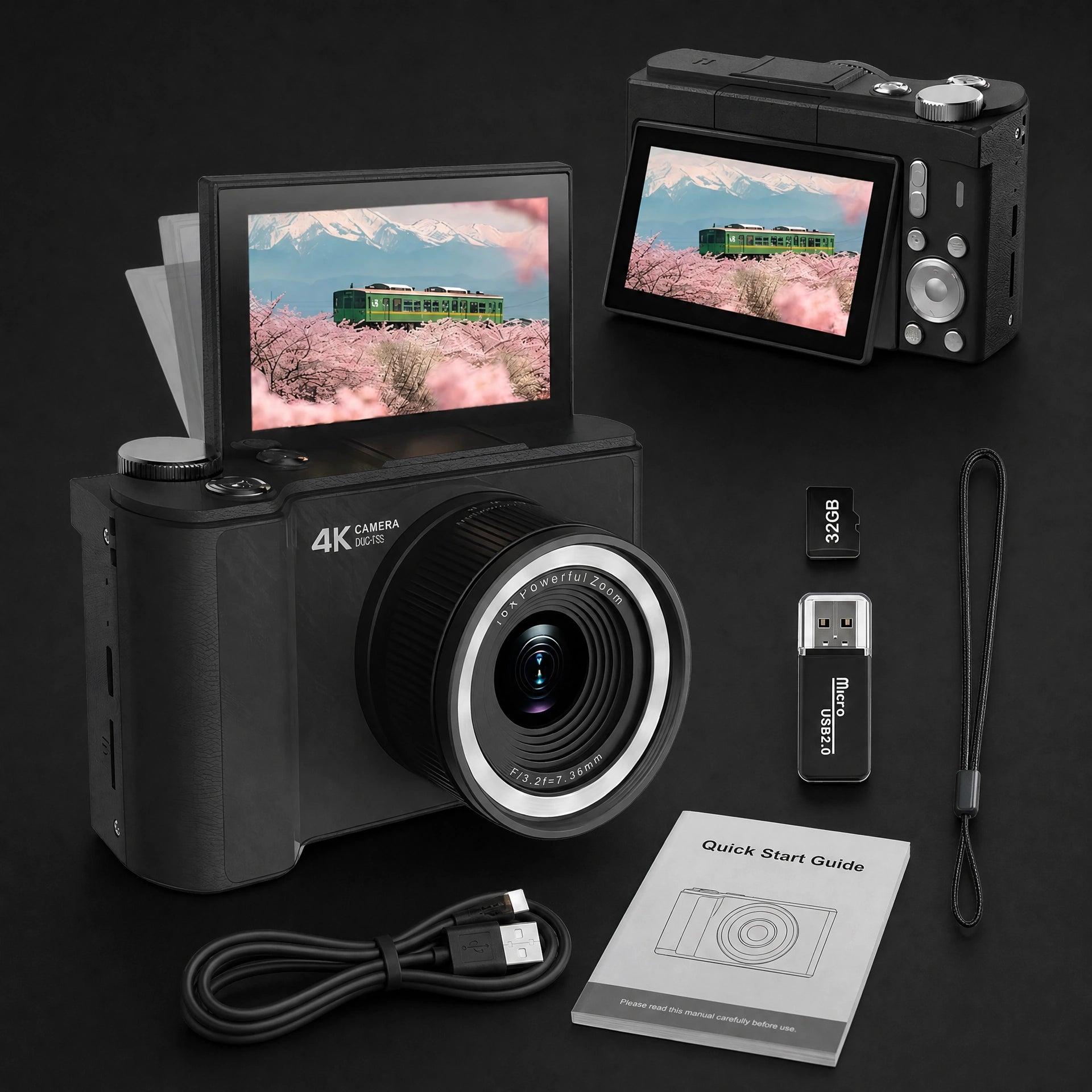 Pomence camera shown with the included 32GB microSD card, USB 2.0 card reader and wrist strap
