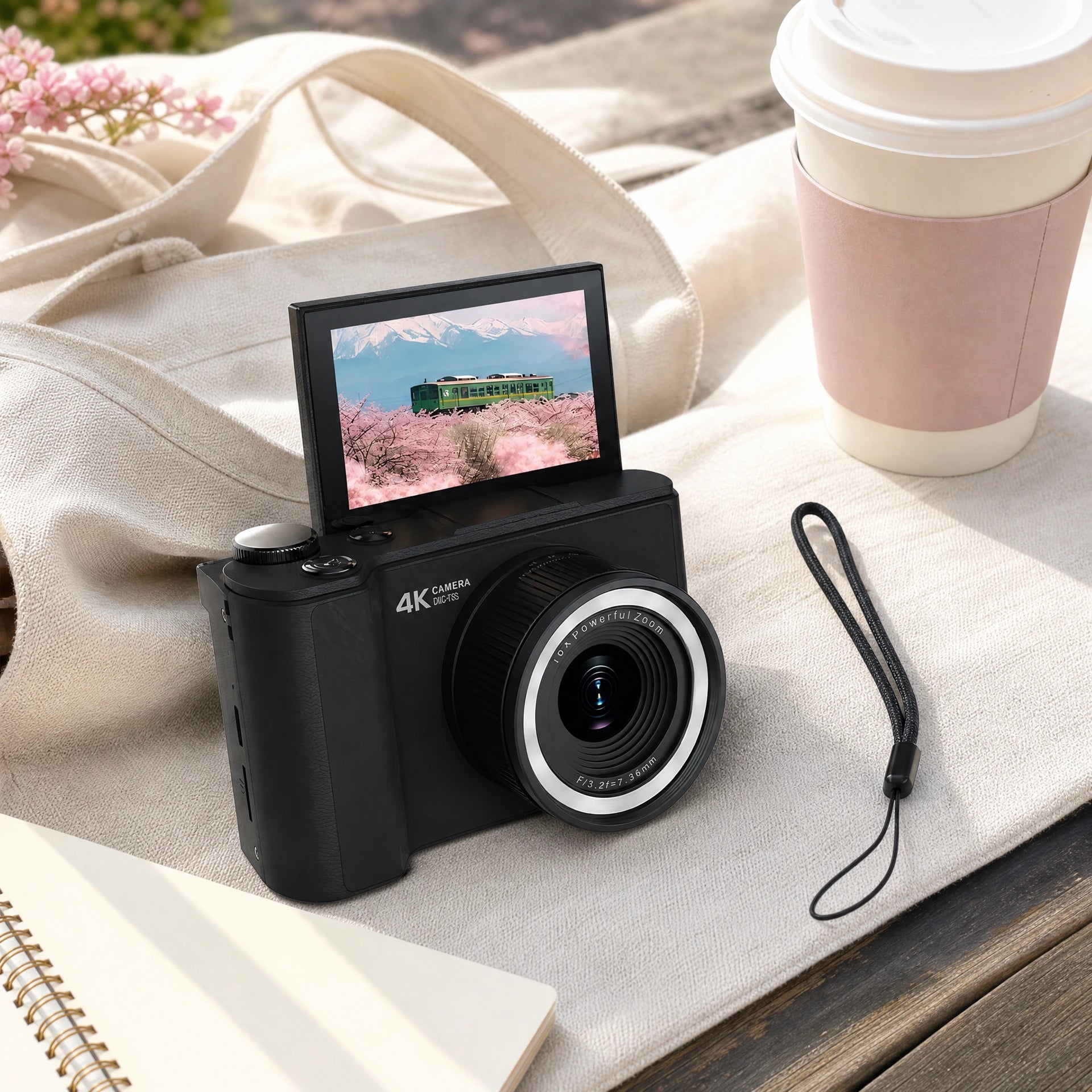 Compact Pomence vlogging camera beside its wrist strap, packed and ready for travel