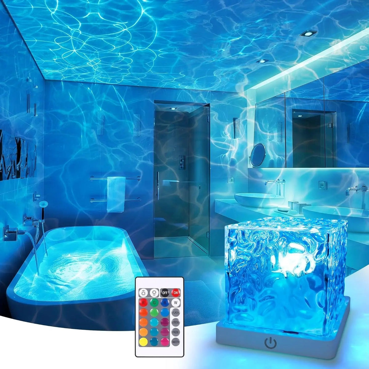 Pomence Water Ripple Cube Lamp lighting a bathroom with blue water ripples