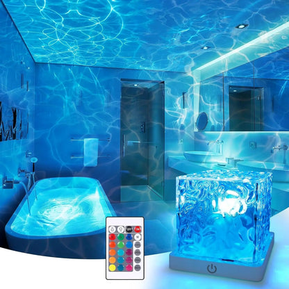 Pomence Water Ripple Cube Lamp lighting a bathroom with blue water ripples