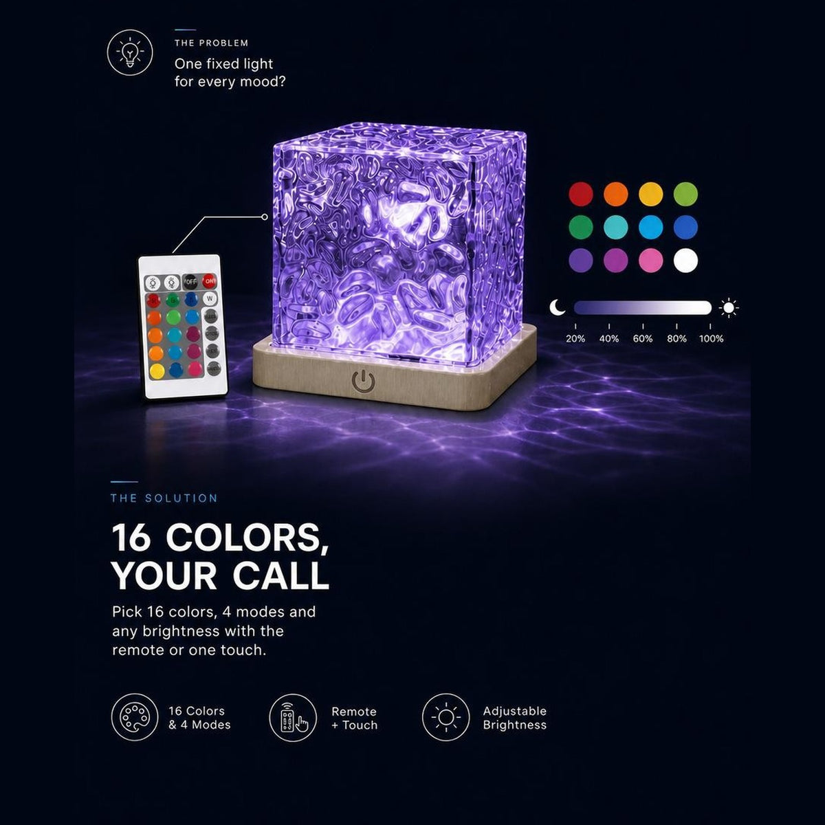 The cube lamp shown with its 24 key remote control and USB-C charging