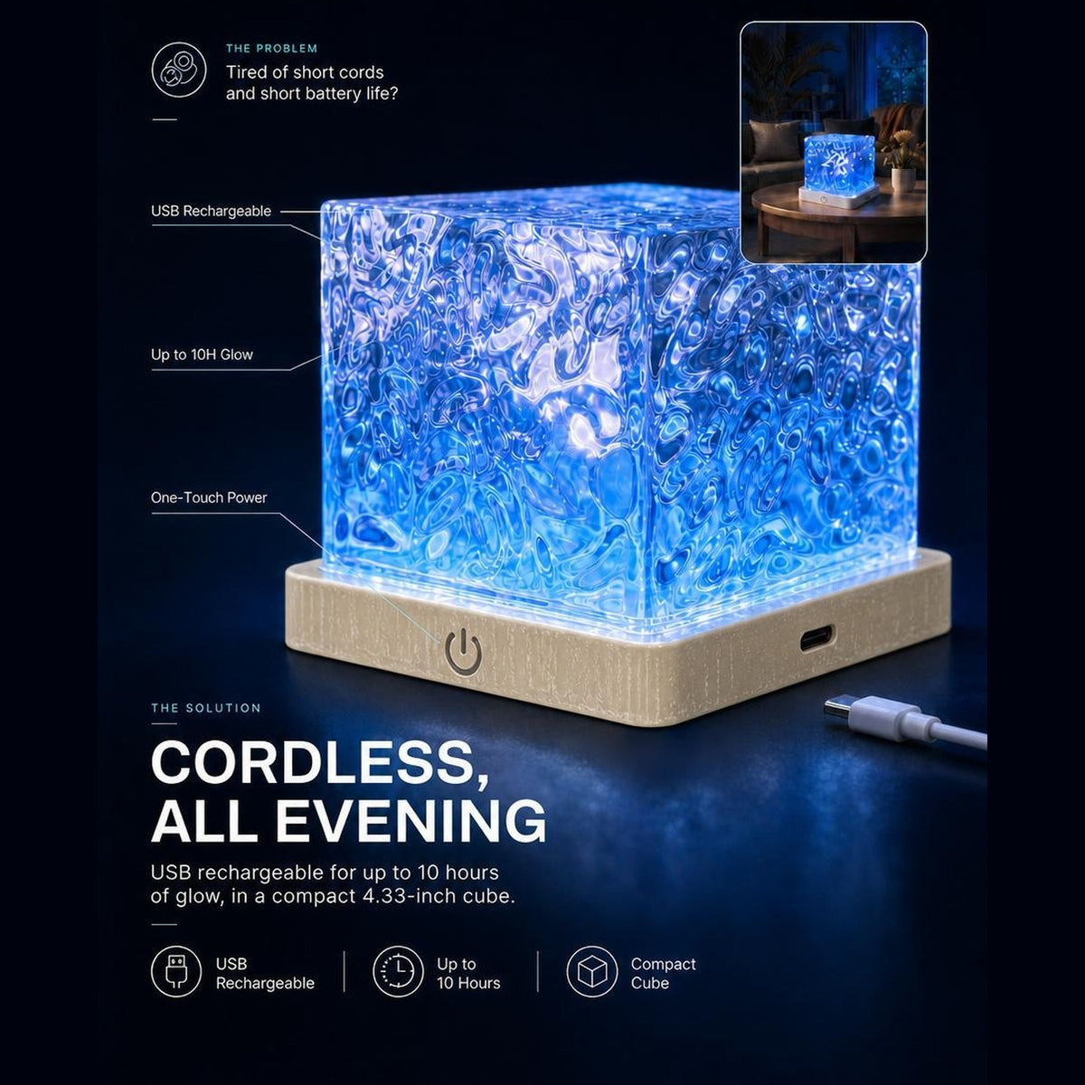 Size and brightness details of the 4.33 inch crystal cube lamp
