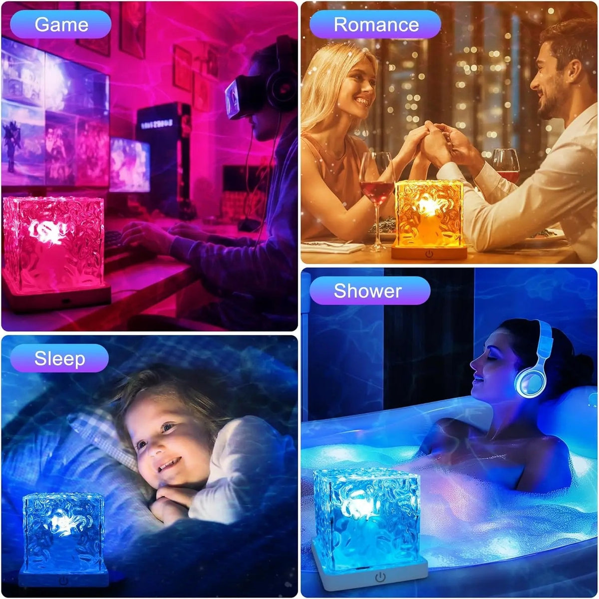 The cube lamp used at a desk, at dinner, in a bedroom and beside a child