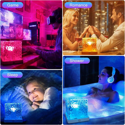 The cube lamp used at a desk, at dinner, in a bedroom and beside a child