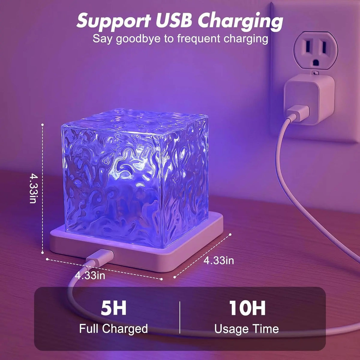The cube lamp charging by USB-C with 5 hour charge and 10 hour run time