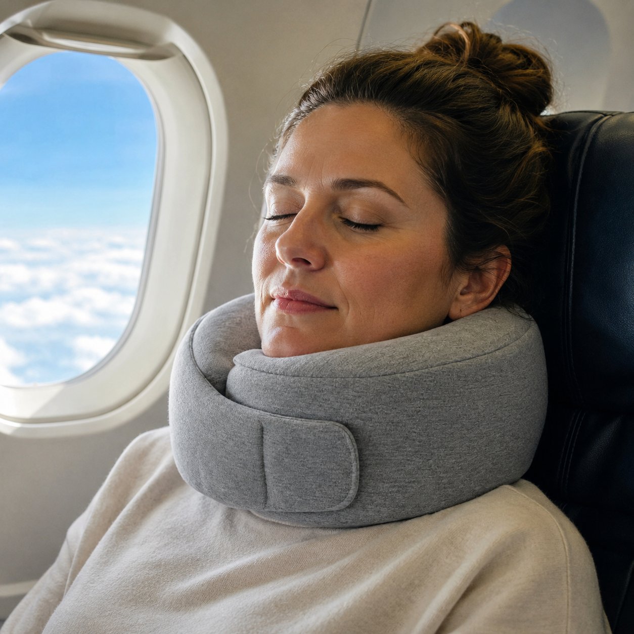 Pomence™ Wrap Travel Neck Pillow. Worn asleep upright in an airplane window seat, head supported, no drop