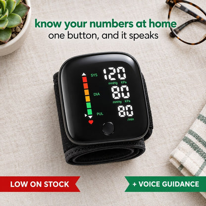 Pomence Wrist Blood Pressure Monitor in black: the glossy curved unit on its fabric wrist band, LED screen lit with three numbers