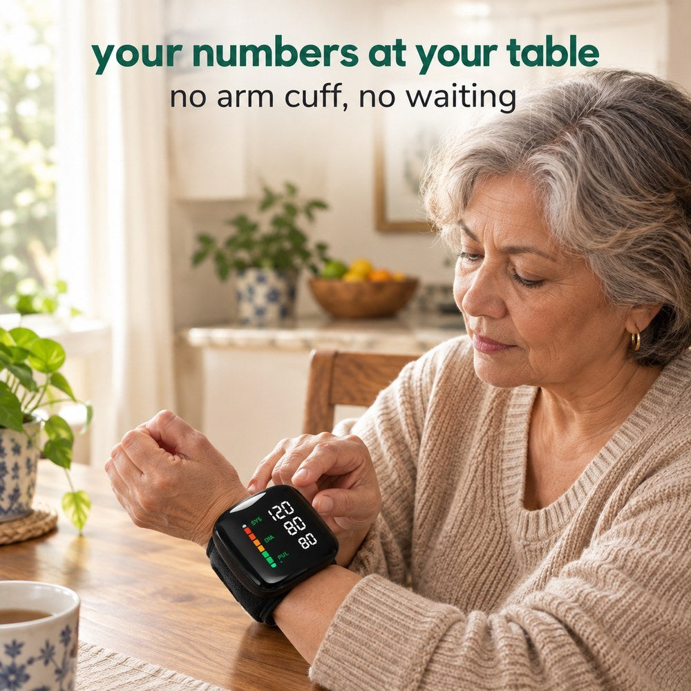 A woman in her sixties at a kitchen table with the black Pomence Wrist Blood Pressure Monitor on her wrist, reading the lit screen