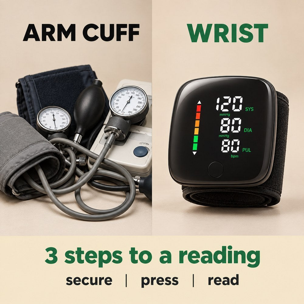An old arm cuff with a bulb and a dial beside the black Pomence Wrist Blood Pressure Monitor on its wrist band