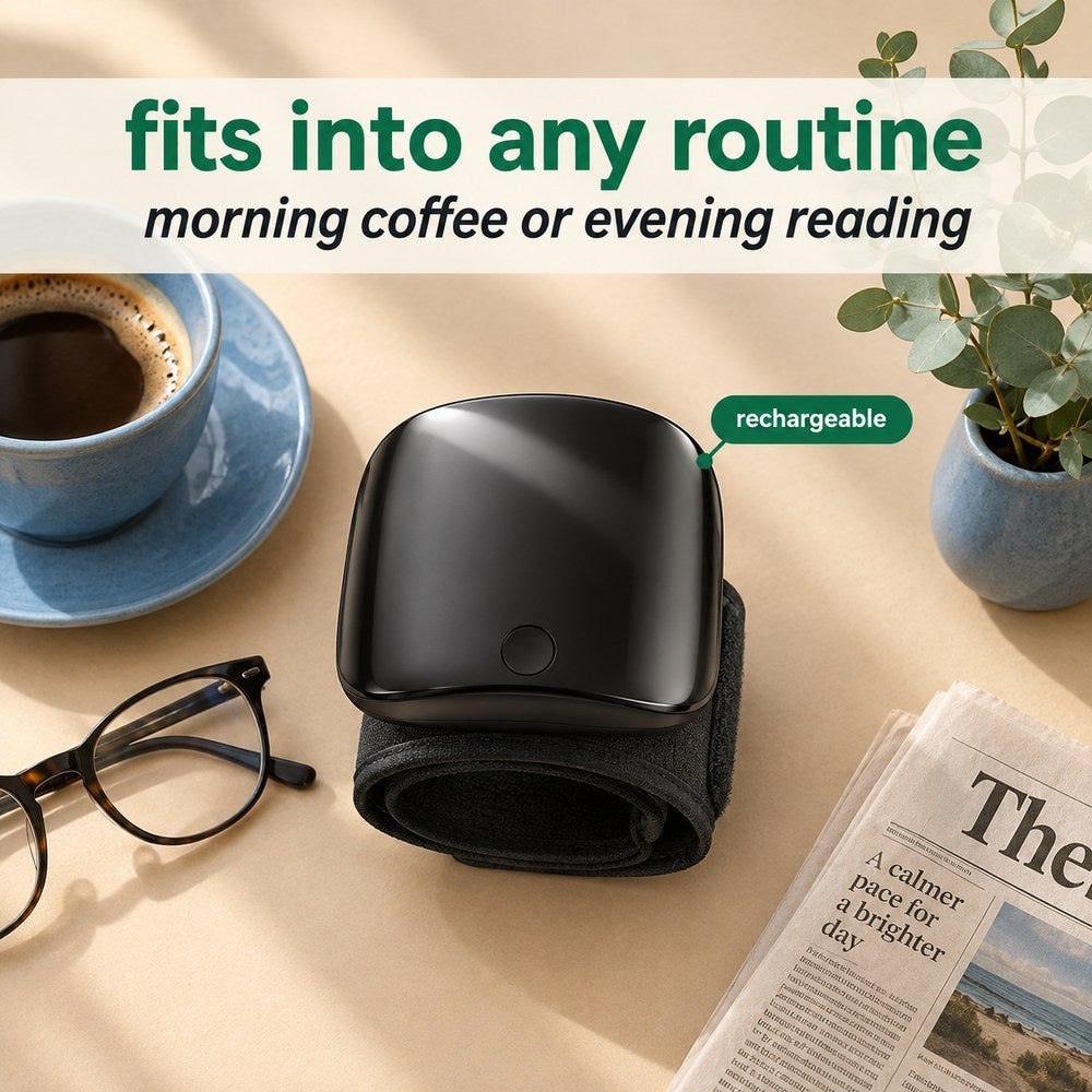 The black Pomence Wrist Blood Pressure Monitor on a table beside a coffee cup, reading glasses and a folded newspaper