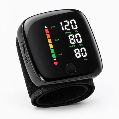 The black Pomence Wrist Blood Pressure Monitor alone: glossy curved shell, one round domed button, fabric band coiled beneath