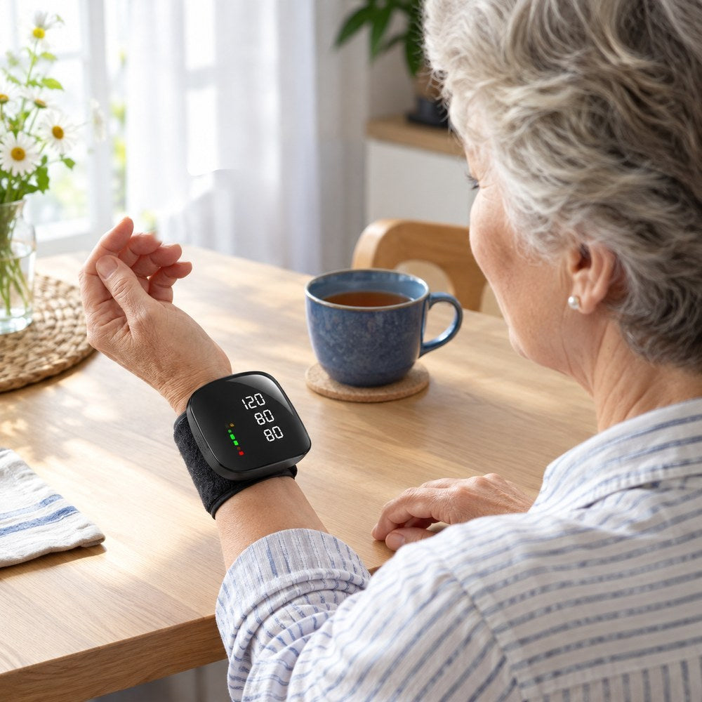 Over the shoulder: a woman at a kitchen table taking a reading with the black Pomence Wrist Blood Pressure Monitor