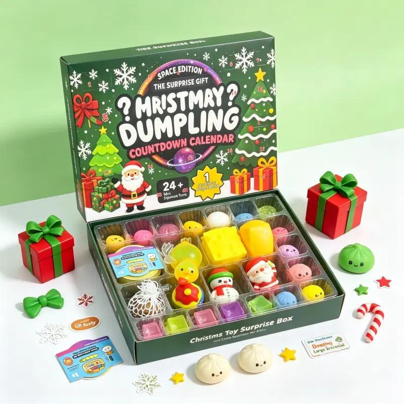 Open box and 24-cell tray, one mochi squishy behind every door