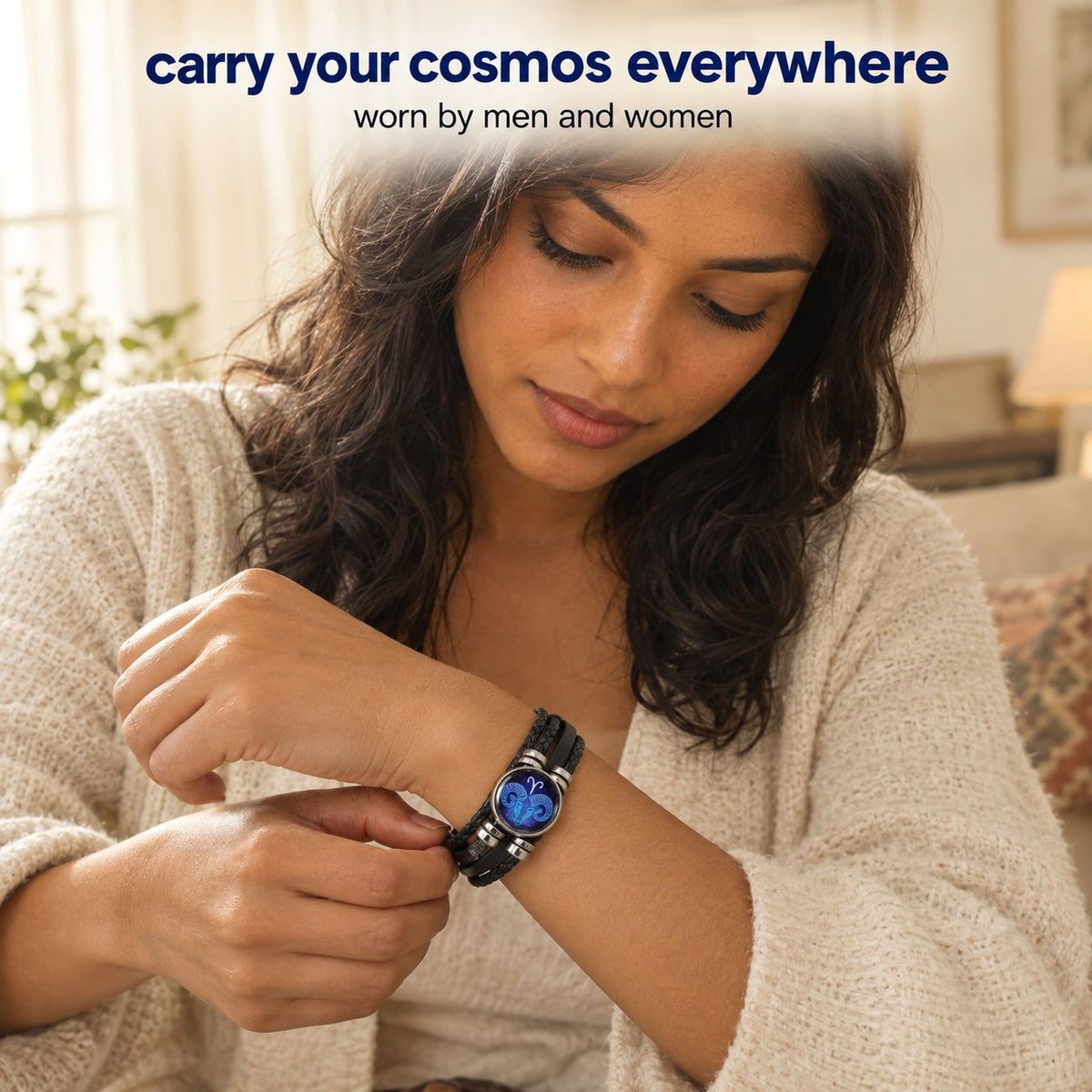 A woman fastening the Pomence Zodiac Leather Bracelet on her wrist at home, the glass zodiac dome sitting on top of the wrist