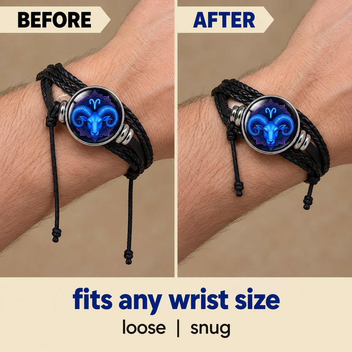 The Pomence Zodiac Leather Bracelet shown loosened and then drawn tight, showing how the black waxed sliding-knot closure adjusts