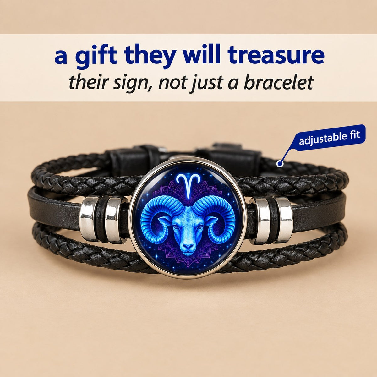 The Pomence Zodiac Leather Bracelet laid on a warm beige surface beside natural twine and a sprig of eucalyptus